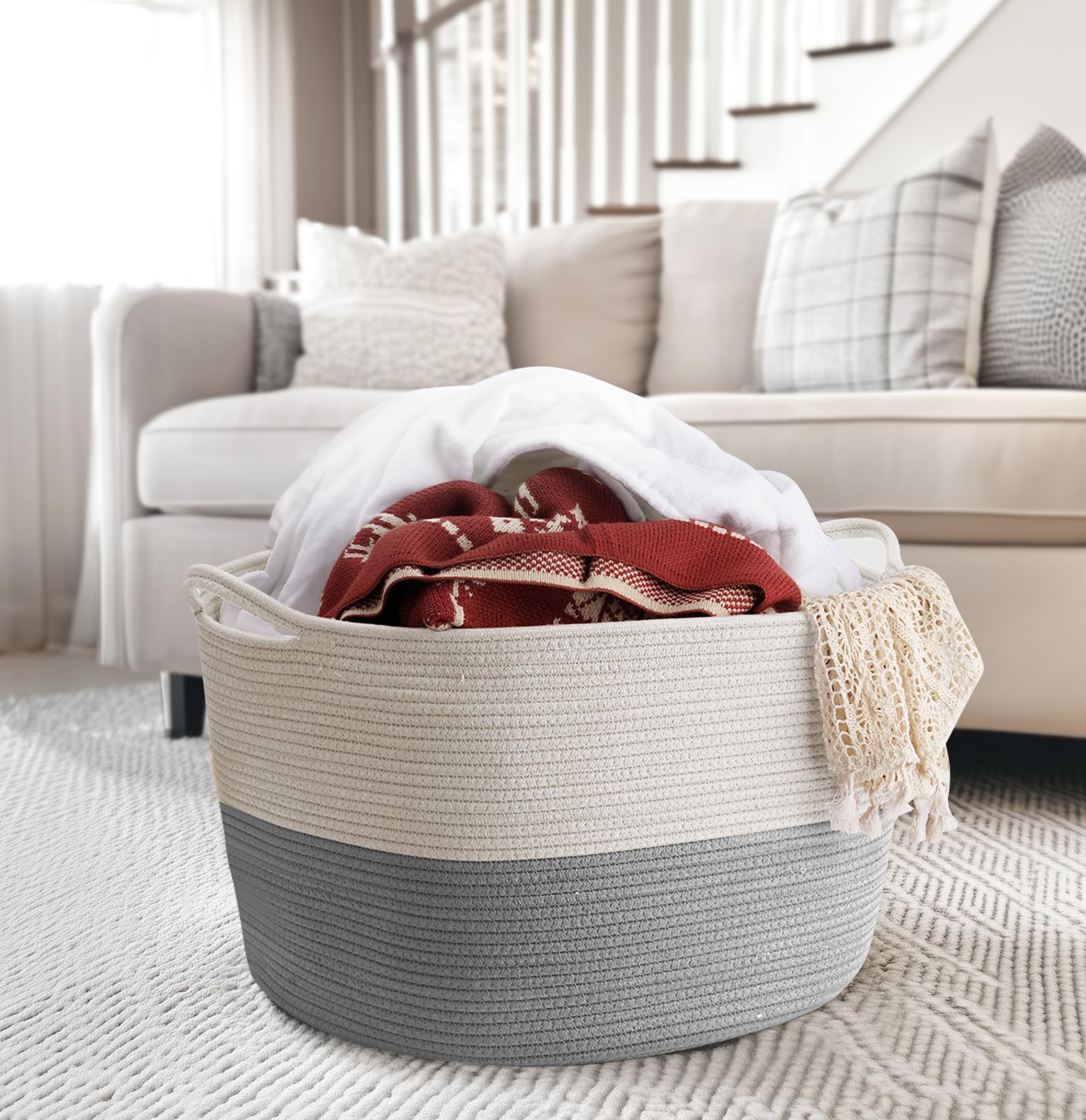 Xxxlarge Blanket Basket Living Room - 22' X 22' X 14' Cotton Rope Baskets For Storage - Large Woven Basket For Toys, Towels, Pillows, Clothes- Rope Laundry Basket With Handles - Nursery Hamper Bin